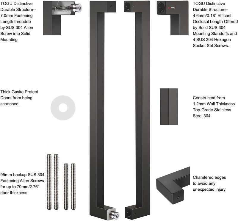 Togu مقبض باب دفع وسحب من الفولاذ المقاوم للصدأ 304 بسمك 1.2 مم، شكل مربع/مستطيل، 300 مم/12 بوصة، جودة تجارية ثقيلة، تشطيب أسود غير لامع - Image 3